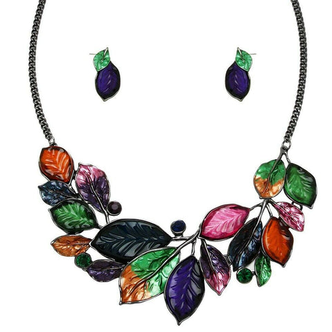 Leaf Necklace Set Chunky Pendant Statement Floral Ivy Rhinestone Painted MULTI - PalmTreeSky