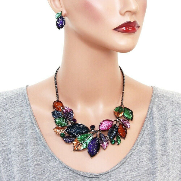 Leaf Necklace Set Chunky Pendant Statement Floral Ivy Rhinestone Painted MULTI - PalmTreeSky