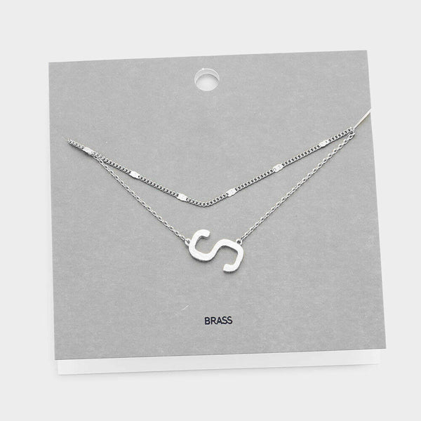 Initial Necklace Layered Chain Sideways Pendant Side Letter S Monogram SILVER - PalmTreeSky