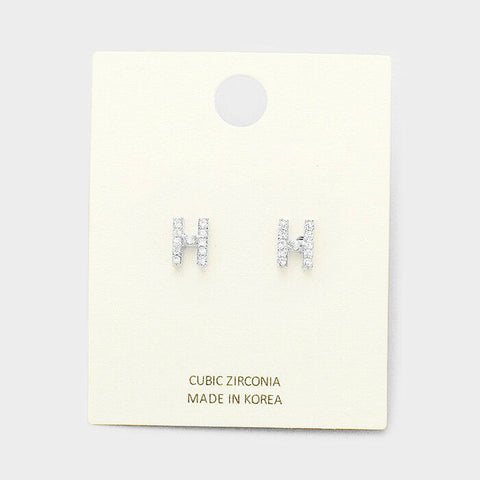 Initial Earrings Monogram Letter H Stud Post Cubic Zirconia Tiny Small SILVER - PalmTreeSky