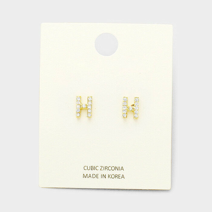 Initial Earrings Monogram Letter H Stud Post Cubic Zirconia Tiny Small GOLD - PalmTreeSky