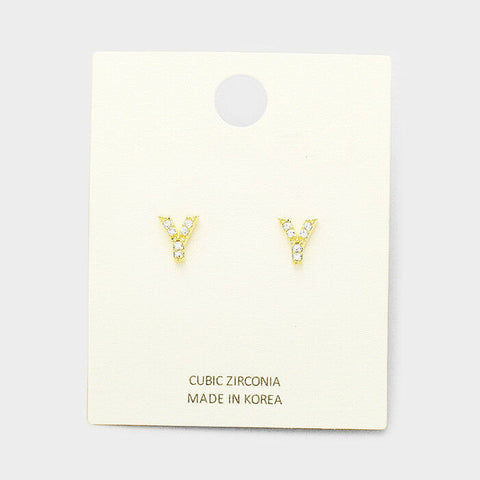 Initial Earrings Monogram Letter Y Stud Post Cubic Zirconia Tiny Small GOLD - PalmTreeSky