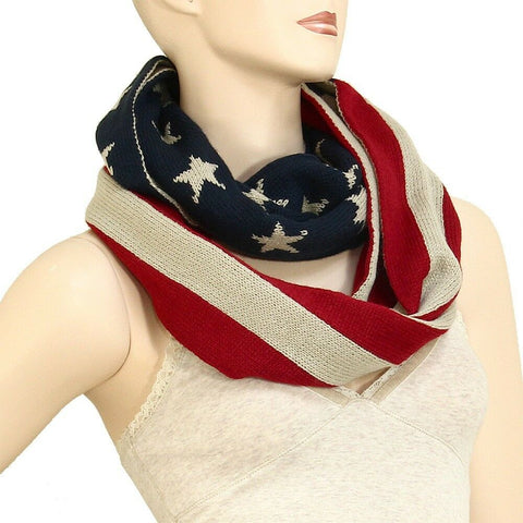 American Flag Scarf Knitted Stars Stripes RED TAN BLUE Infinity Circle USA - PalmTreeSky