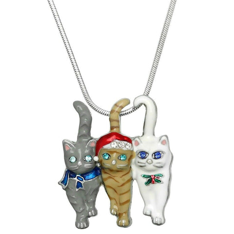 Christmas Cats Necklace Charm Wreath Stocking Candy Cane Snow Silver White Multi - PalmTreeSky
