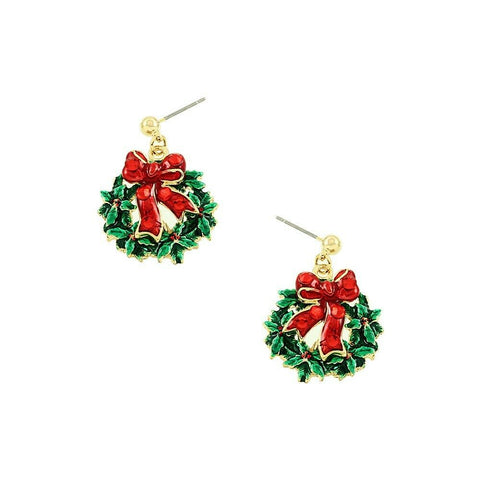 Christmas Wreath Earrings Santa Claus Stud Post Holiday Party Gifts Crystal GOLD - PalmTreeSky