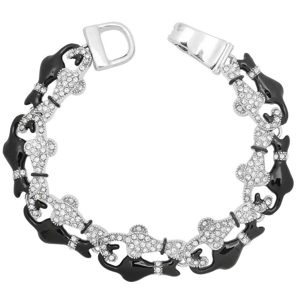 Cat Bracelet Pave Rhinestone Pet 7.25"L Magnetic Closure SILVER BLACK CLEAR - PalmTreeSky