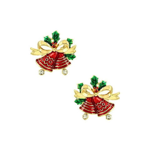 Christmas Bells Earrings Santa Claus Stud Post Holiday Candy Cane Holly Gold Red - PalmTreeSky
