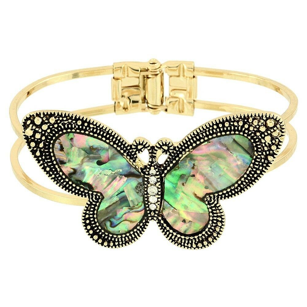 Butterfly Bracelet Double Bar Hinge Bangle Gold Abalone Shell Crystal Rhinestone - PalmTreeSky