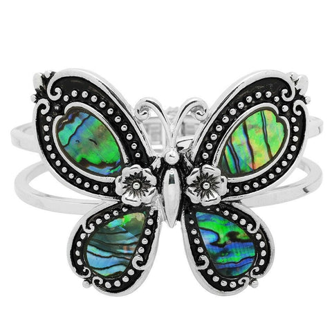 Butterfly Bracelet Double Metal Bar Hinge Bangle SILVER Abalone Shell Flower - PalmTreeSky