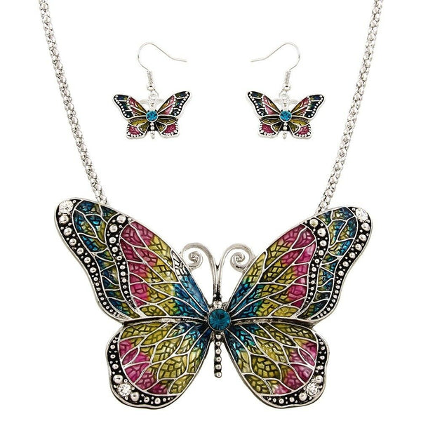 Butterfly Necklace Set 4" Large Pendant Chain Swirl SILVER Painted Multi Jewelry - PalmTreeSky