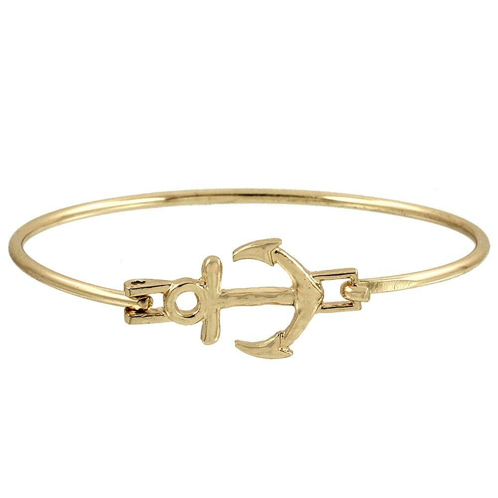 Anchor Bracelet Thin Metal Bangle Hammered Charm Hook Clasp Gold Beach Nautical - PalmTreeSky