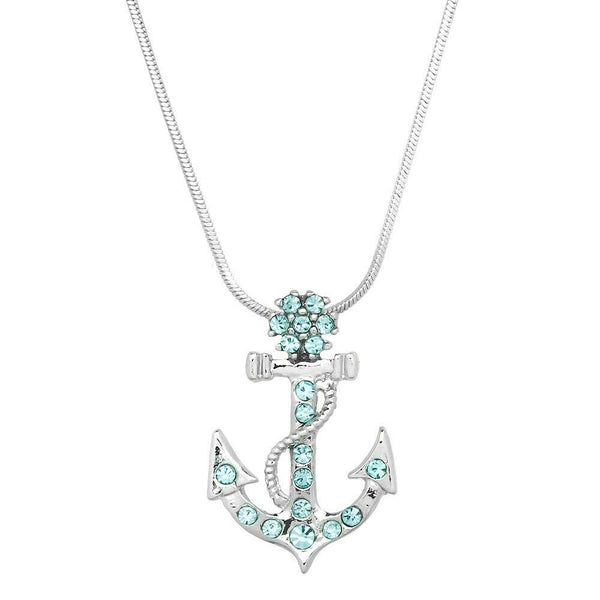 Anchor Necklace Small Pave Rhinestone Flower Sea Life Boat Nautical Jewelry AQUA - PalmTreeSky