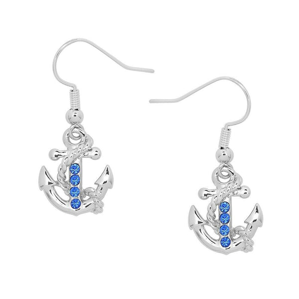 Anchor Earrings Rhinestone Nautical Sailor Beach Drop Hook Sea Life SILVER BLUE - PalmTreeSky