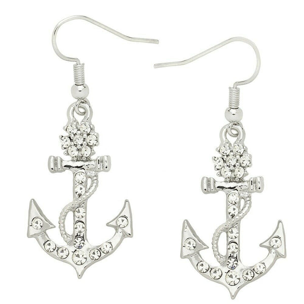 Anchor Earrings Pave Rhinestone Drop Dangle Nautical Flower Jewelry SILVER CLEAR - PalmTreeSky