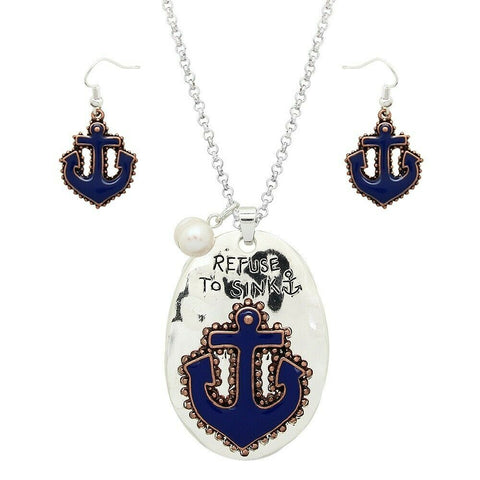 Anchor Necklace SET Refuse to Sink 30" Long Chain Boat Nautical Jewelry SILVER - PalmTreeSky