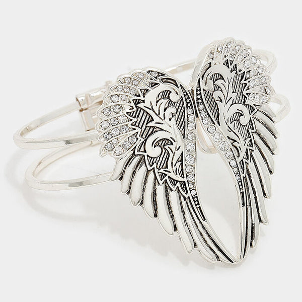 Angel Wings Bracelet Hing Bangle Pave Rhinestones BRUS SILVER Faith Love Jewelry - PalmTreeSky