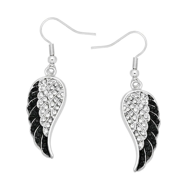 Angel Wing Earrings Pave Rhinestone SILVER BLACK Drop Dangle Faith Hope Jewelry - PalmTreeSky