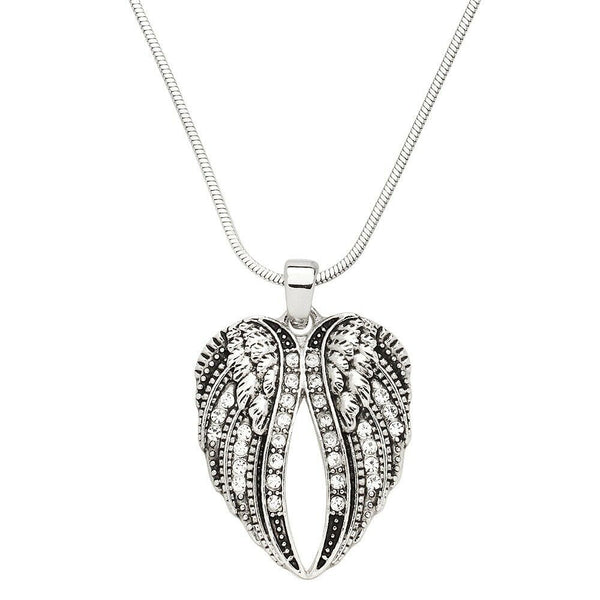 Angel Wings Necklace Pave Rhinestone Feathered Wing SILVER 20x25mm Faith Love - PalmTreeSky