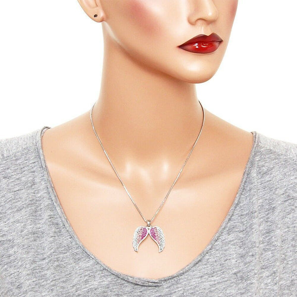 Angel Wing Necklace Pave Rhinestone SILVER PINK Pendant Faith Hope Jewelry - PalmTreeSky