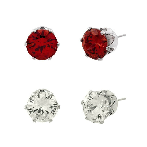 CZ Studs SET of 2 Crystal Earrings Post Cubic Zirconia Crystal SILVER RED 10mm - PalmTreeSky