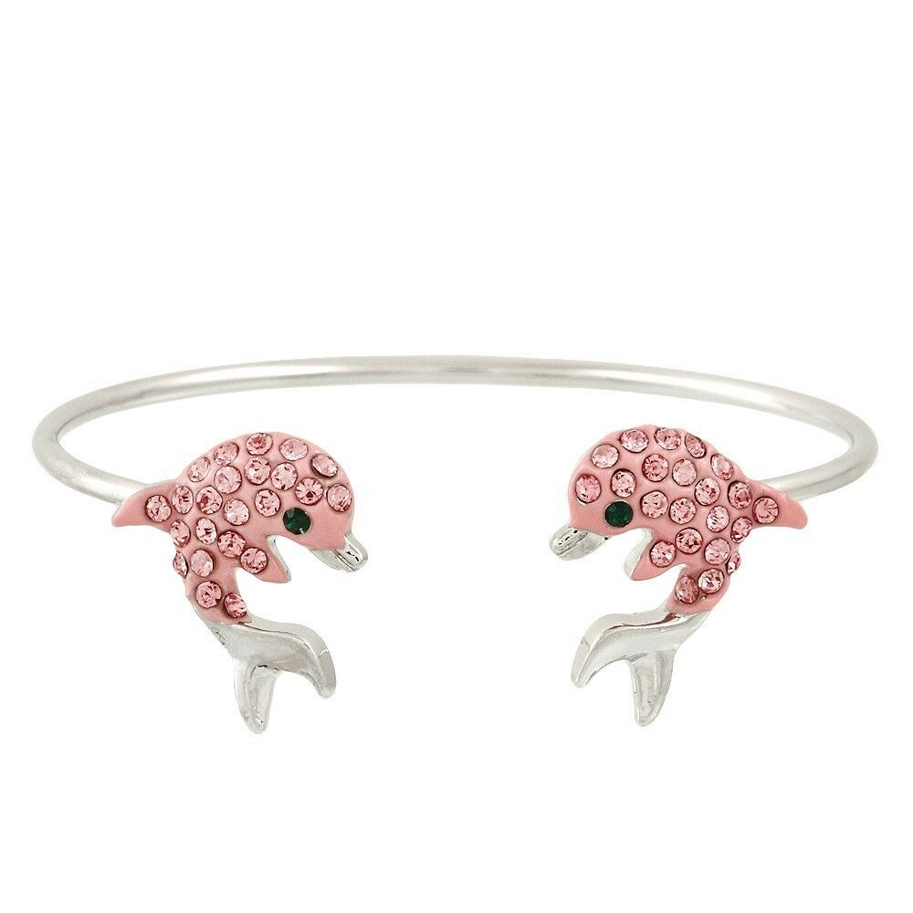 Dolphin Bracelet Cuff Open Bangle Crystal Charm Sea Life Starfish Silver Pink - PalmTreeSky