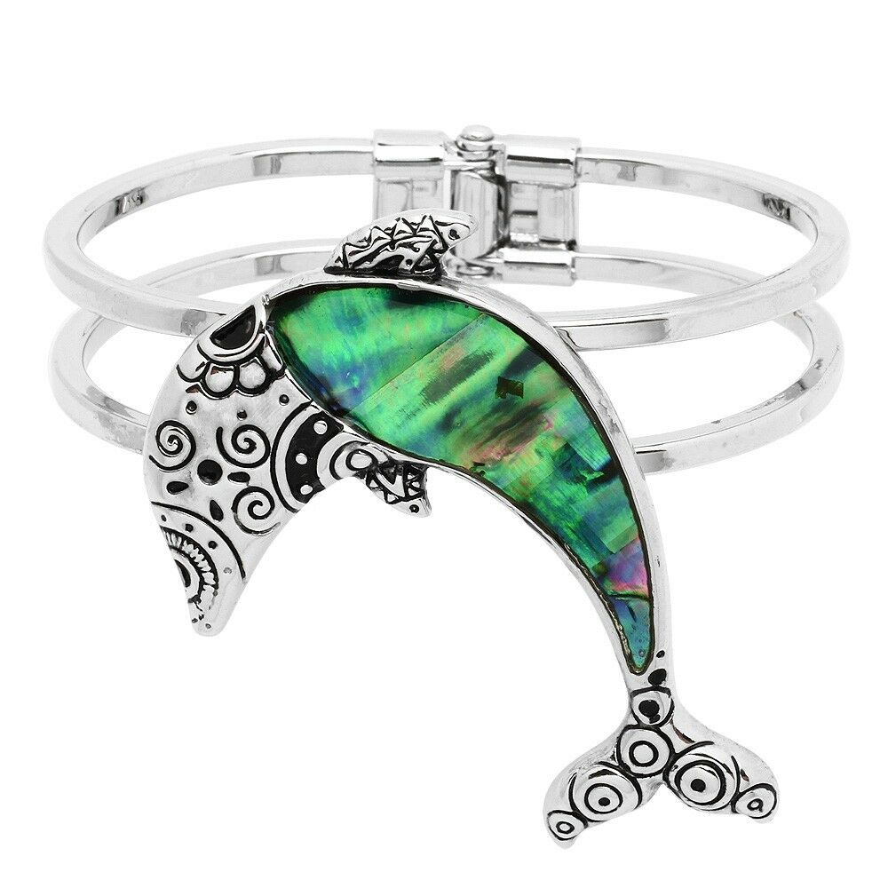 Dolphin Bracelet Hinge Bangle Double Bar Filigree Metal SILVER Abalone Shell - PalmTreeSky