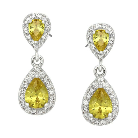 Crystal Earrings Stud Post Double Teardrop CZ Cubic Zirconia Crystal SILVER YELL - PalmTreeSky