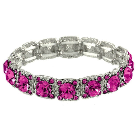 Crystal Bracelet Pave Rhinestones Square Cut Stretch SILVER FUCHSIA Evening - PalmTreeSky