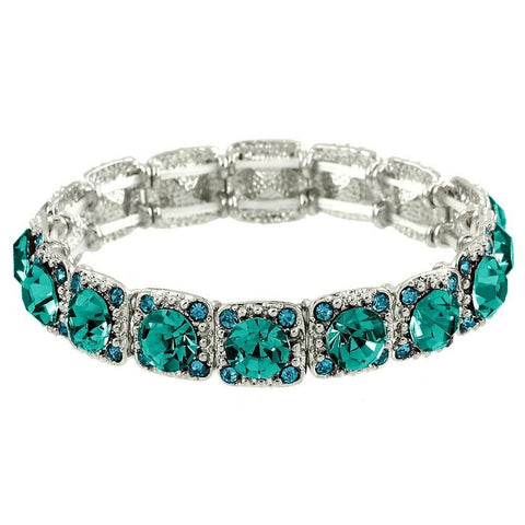 Crystal Bracelet Pave Rhinestones Square Cut Stretch SILVER TEAL BLUE Evening - PalmTreeSky