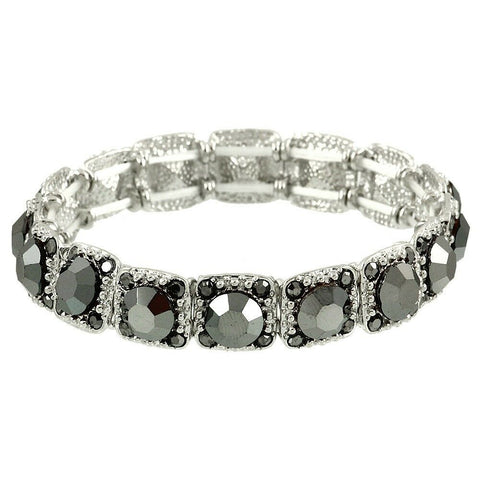 Crystal Bracelet Pave Rhinestones Square Cut Stretch SILVER HEMATITE Evening - PalmTreeSky