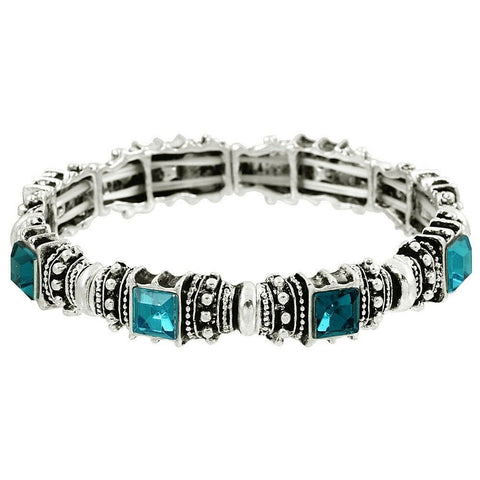 Crystal Station Bracelet Pave Rhinestone Stretch Bright Silver Turq Teal Evening - PalmTreeSky