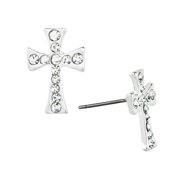 Cross Earrings Rhinestone Faith Hope Love Religious Pray Bless Stud Post SILVER - PalmTreeSky