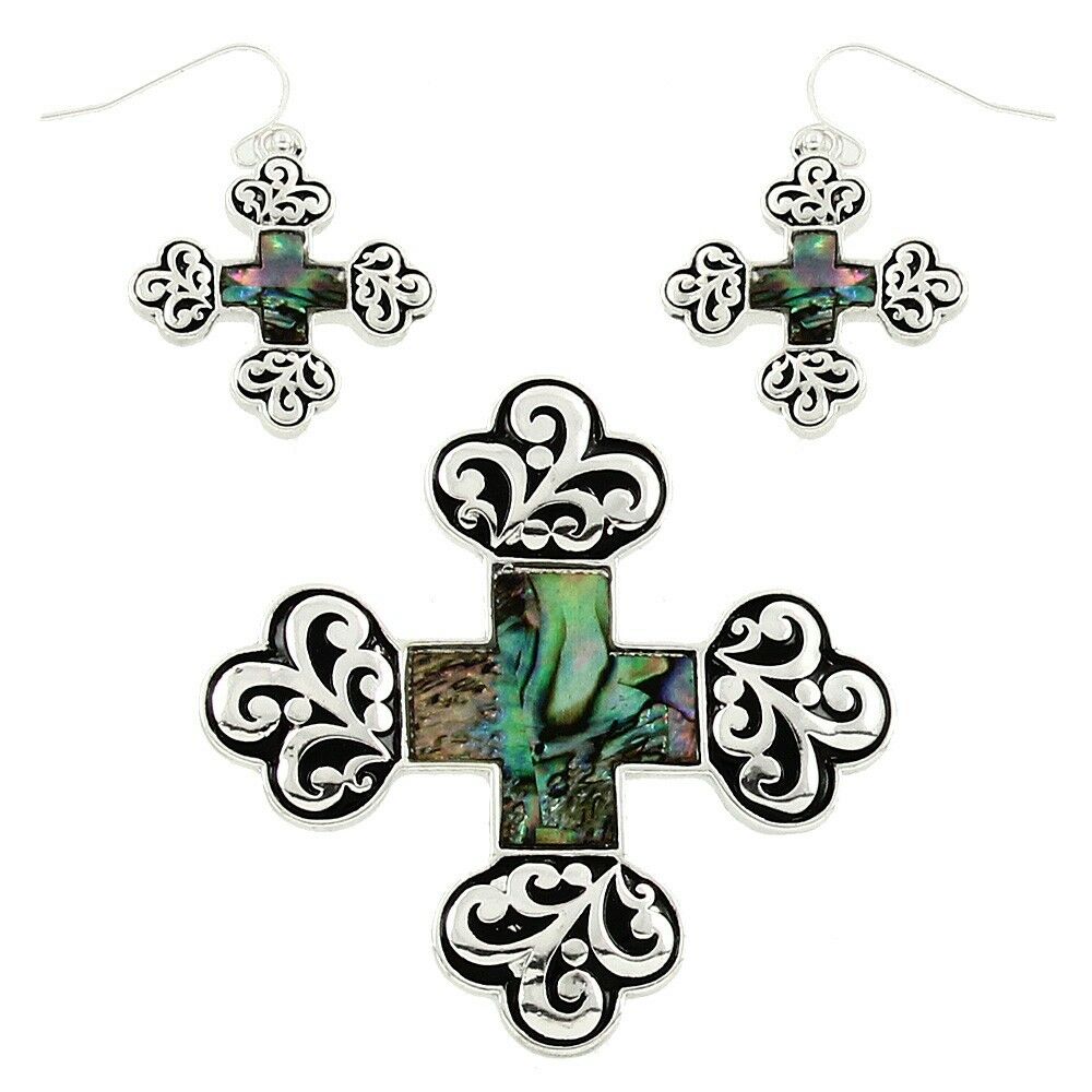 Cross Necklace SET Pendant Earrings Faith Religious Abalone Shell Swirl SILVER - PalmTreeSky