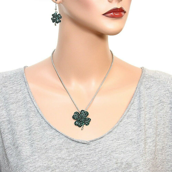 Clover Necklace SET Four Leaf Shamrock Luck Irish Pendant St Patricks SILVER - PalmTreeSky