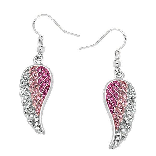 Angel Wing Earrings Pave Rhinestone SILVER PINK Drop Dangle Faith Hope Jewelry - PalmTreeSky