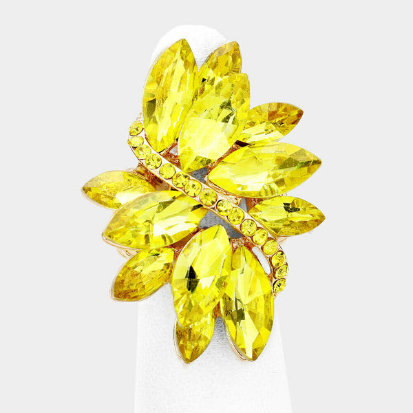 Cocktail Ring Large Wide Marquise Swirl Rhinestone Stretch Band Crystal YELLOW - PalmTreeSky