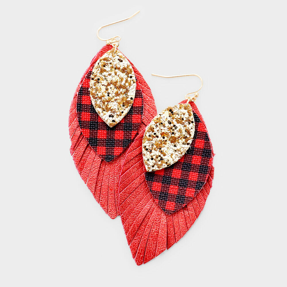 Buffalo Plaid Earrings Check Hunters Feather Boho Leaf Faux Leather RED BLACK RD - PalmTreeSky