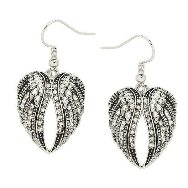 Angel Wing Earrings Crystal Stones Antique Metal Drop Dangle SILVER Faith - PalmTreeSky