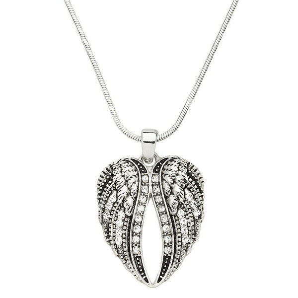 Angel Wing Wings Necklace Pendant Charm Snake Chain Sand Crystal SILVER Jewelry - PalmTreeSky