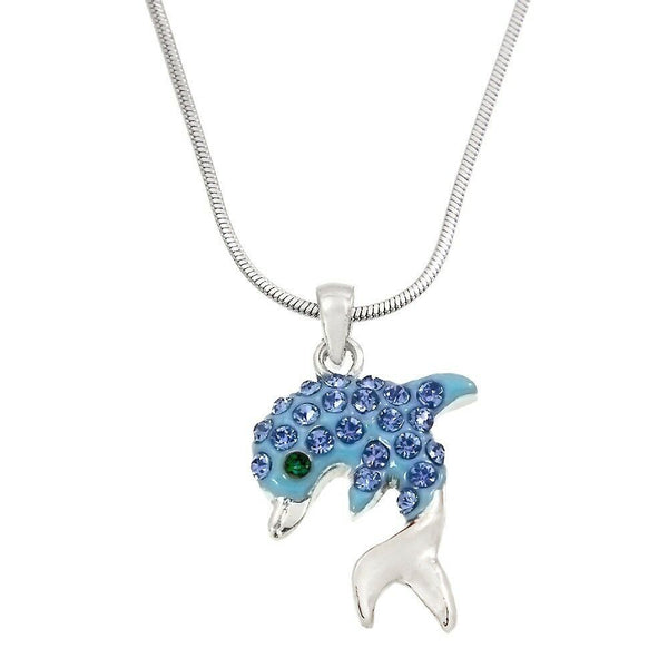 Dolphin Necklace Crystal Rhinestones Enamel Sea Life Gift Jewelry Silver Blue - PalmTreeSky