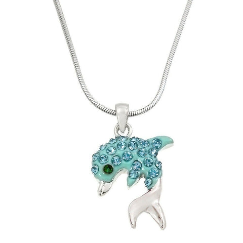 Dolphin Necklace Crystal Rhinestones Enamel Sea Life Gift Jewelry Silver Turq - PalmTreeSky