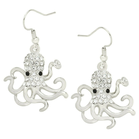 Octopus Earrings Metal Hook Drop Dangle Shell SILVER Beach Surfer Sea Life Sand - PalmTreeSky