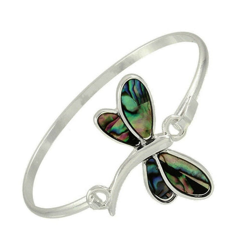 Dragonfly Bracelet Thin Bar Hinge Bangle Silver Abalone Shell Beach Nature - PalmTreeSky