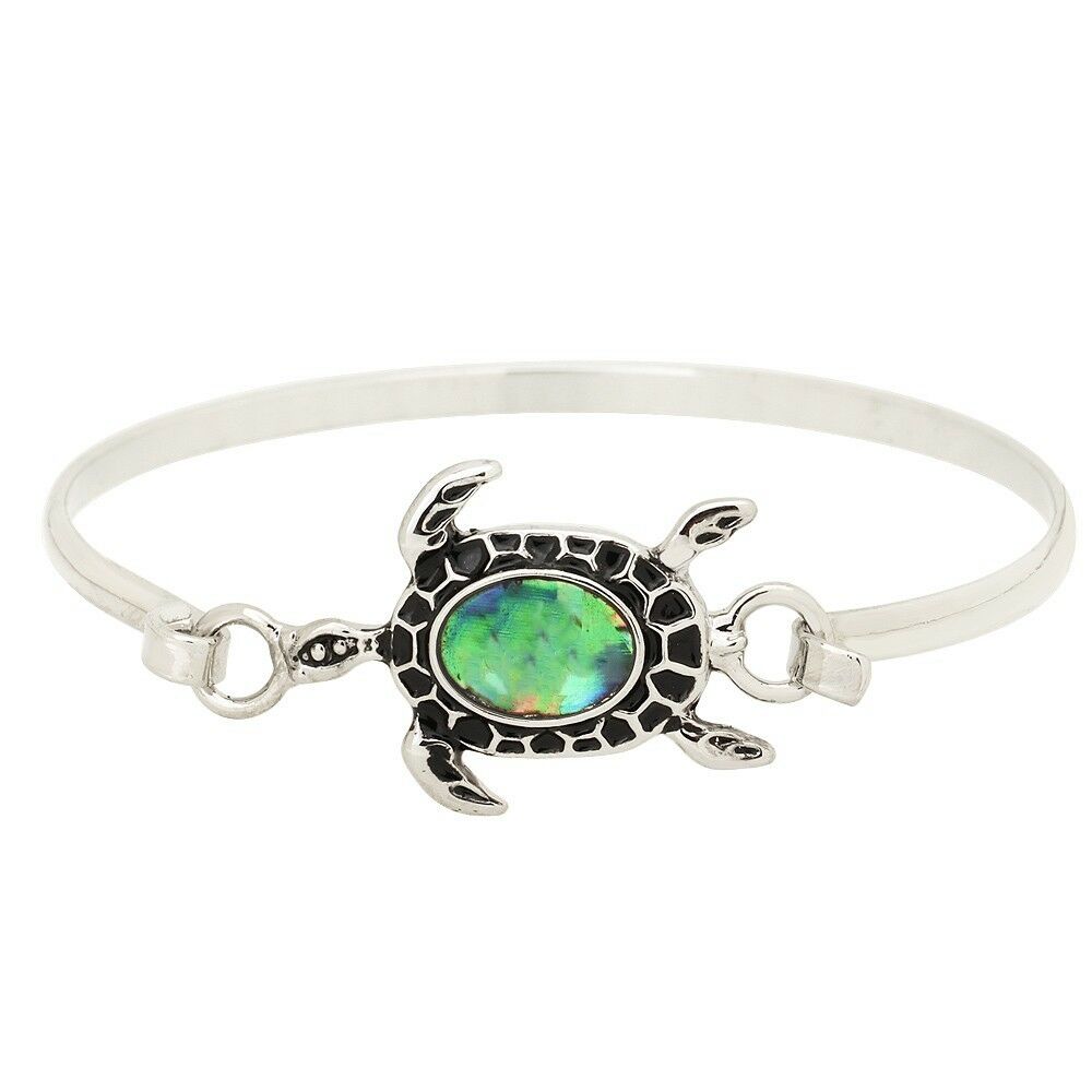 Abalone Shell Bracelet Thin Bangle Lined Sea Turtle Charm ABALONE SHELL SILVER - PalmTreeSky