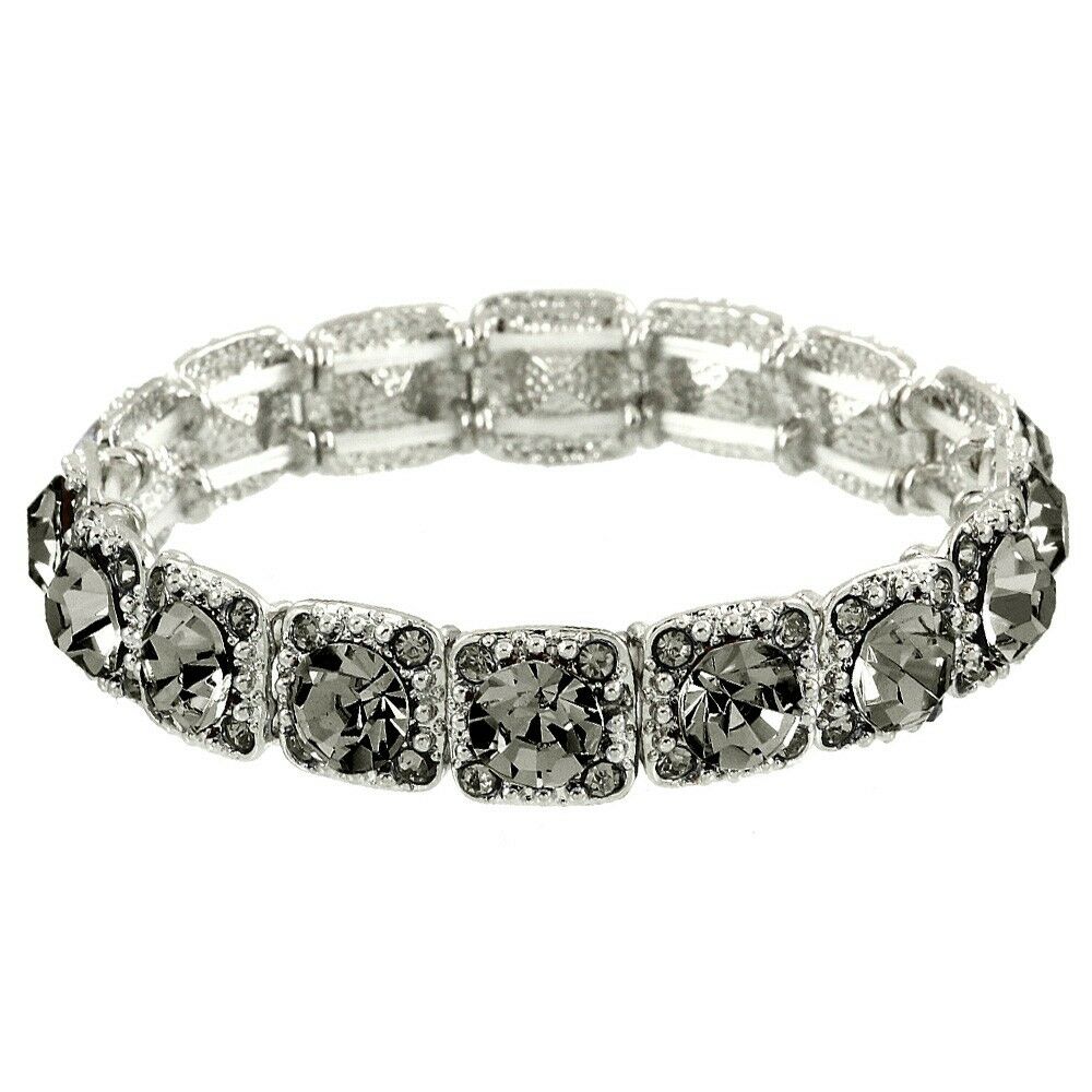 Crystal Bracelet Pave Rhinestones Square Cut Stretch SILVER GREY Evening Glam - PalmTreeSky