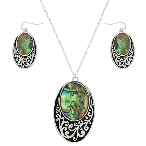 Abalone Shell Necklace SET Filigree Oval Wave SeaShell Pendant Beach Sand SILVER - PalmTreeSky