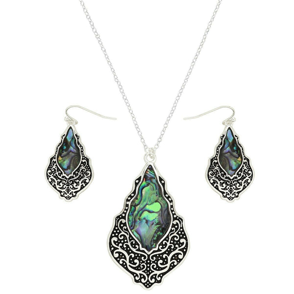 Abalone Shell Necklace SET Filigree Teardrop Wave SeaShell Pendant Beach SILVER - PalmTreeSky