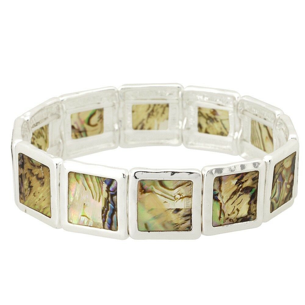 Abalone Shell Bracelet Stretch Square Shape Metal Sealife Starfish Jewelry 5/8"W - PalmTreeSky