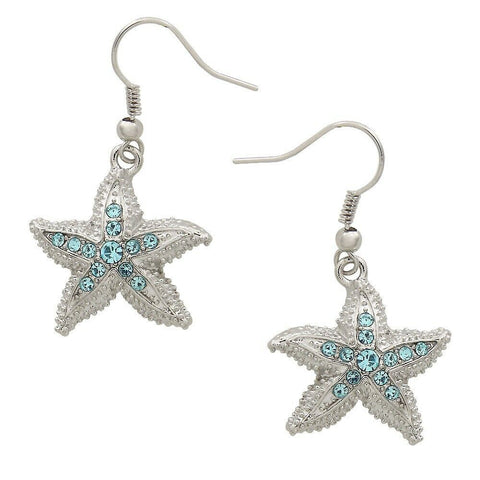 Starfish Earrings Rhinestone Textured Metal SILVER TURQ Drop Dangle Sea Life - PalmTreeSky