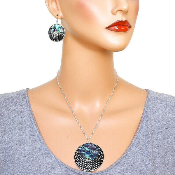 Abalone Shell Necklace Earring SET Metal Circle Pendant Dotted Texture SILVER - PalmTreeSky